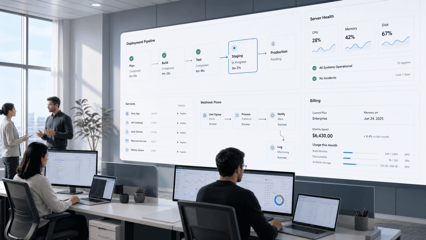 AtlasOps operations dashboard in a modern cloud operations room